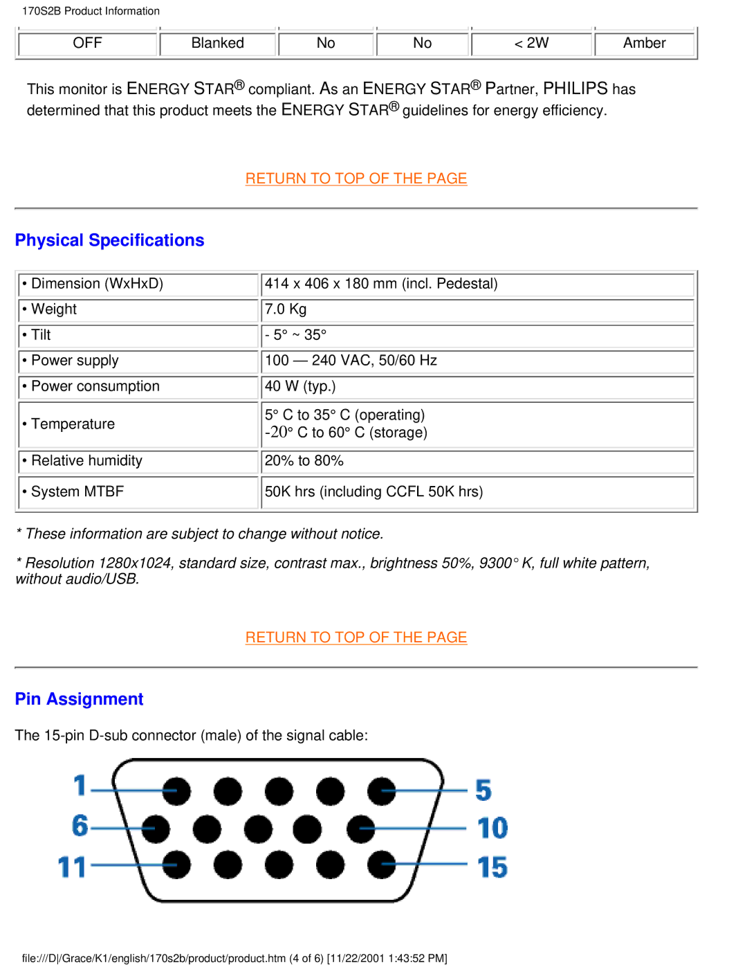 Philips 170S2B user manual Physical Specifications, Pin Assignment 