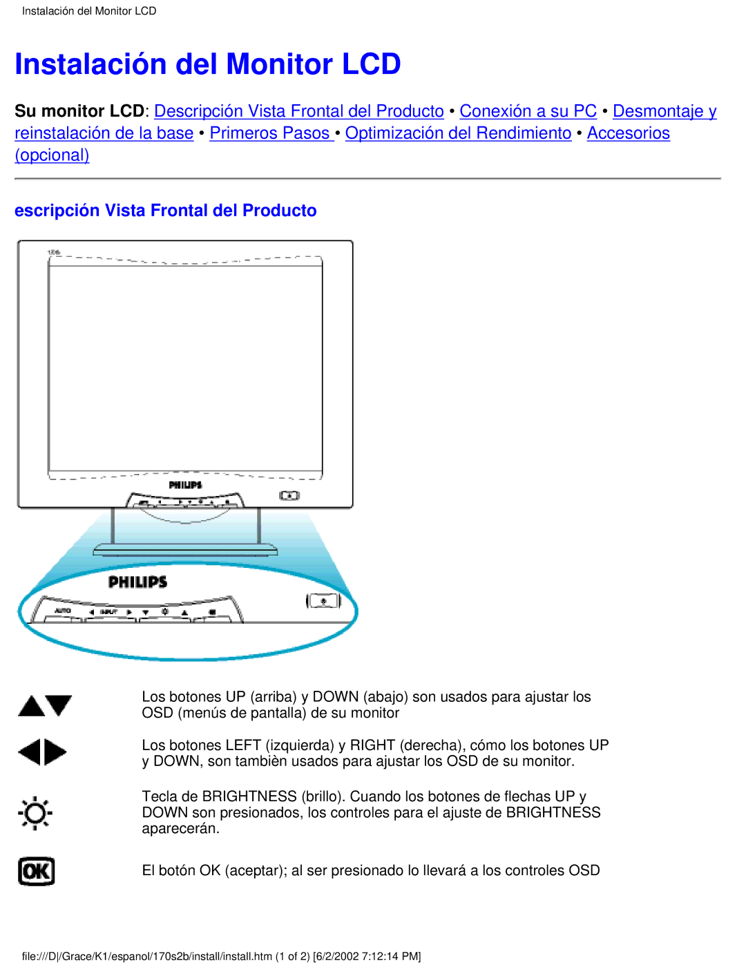 Philips 170S2B user manual Instalación del Monitor LCD, Escripción Vista Frontal del Producto 