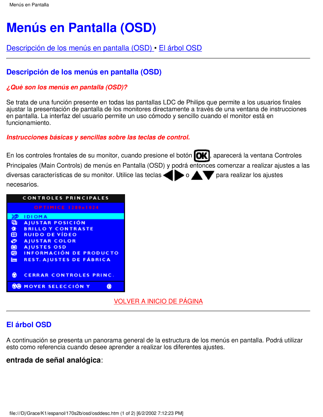 Philips 170S2B user manual Menús en Pantalla OSD, Descripción de los menús en pantalla OSD, El árbol OSD 