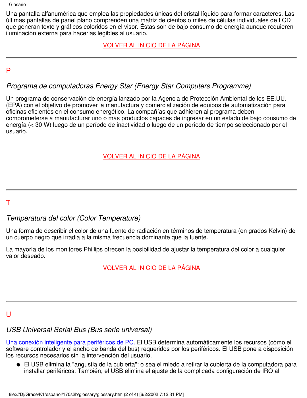 Philips 170S2B user manual Temperatura del color Color Temperature 