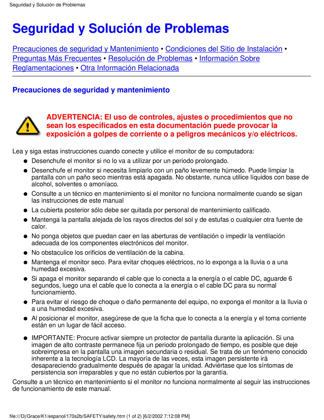 Philips 170S2B user manual Seguridad y Solución de Problemas, Precauciones de seguridad y mantenimiento 