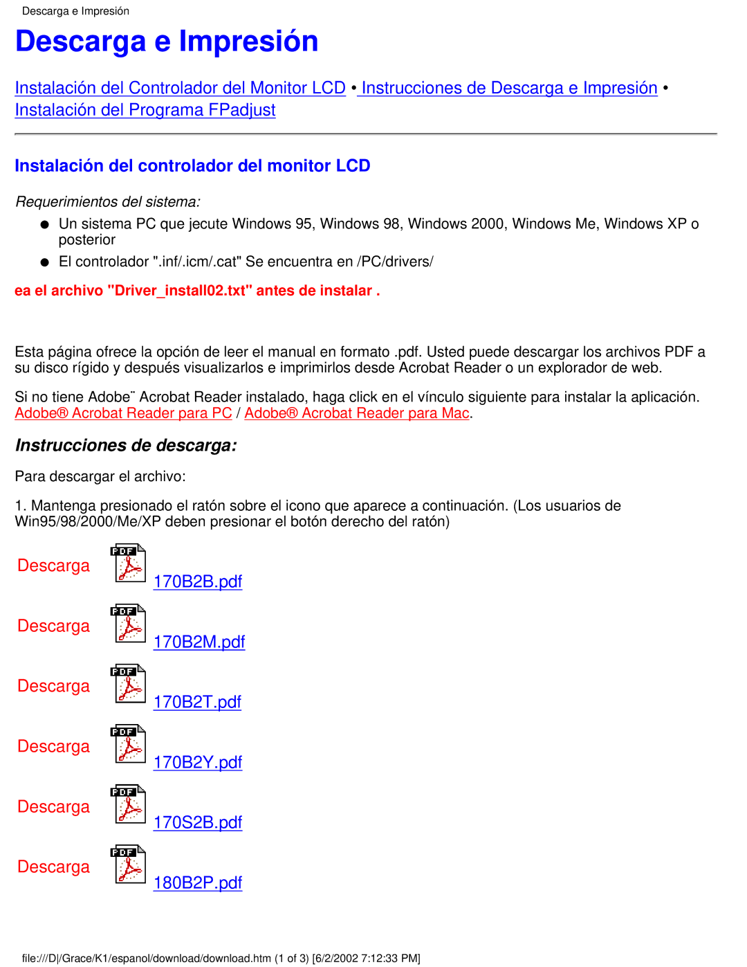 Philips 170S2B user manual Descarga e Impresión, Instalación del controlador del monitor LCD 