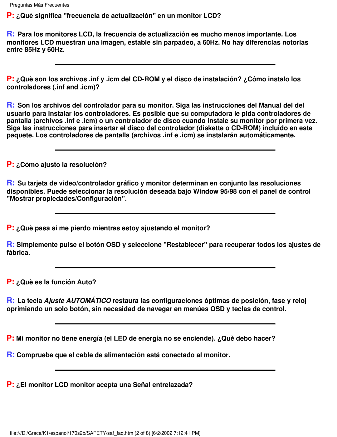 Philips 170S2B user manual Preguntas Más Frecuentes 