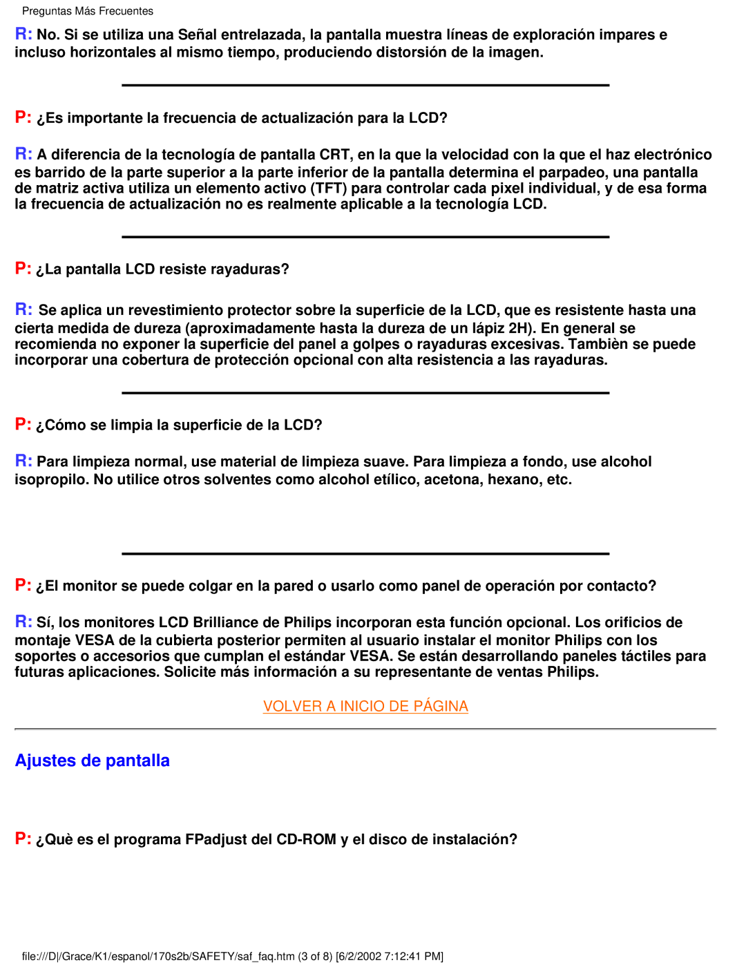 Philips 170S2B user manual Ajustes de pantalla 