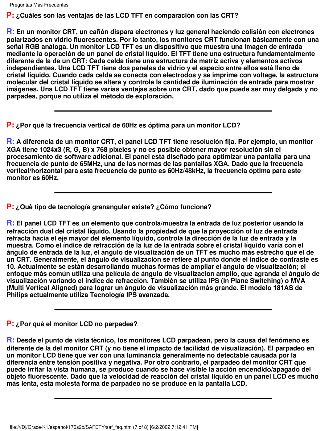 Philips 170S2B user manual Preguntas Más Frecuentes 