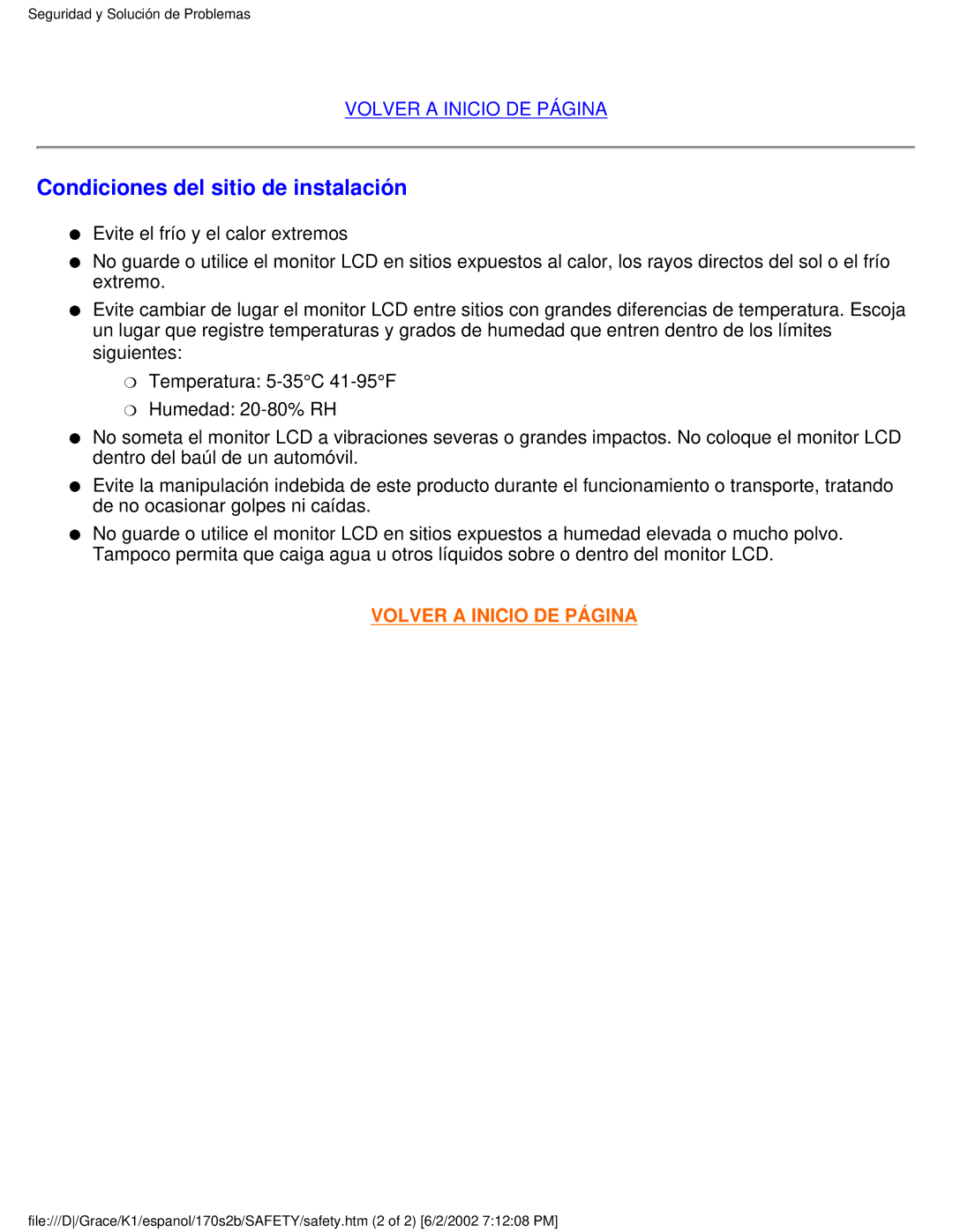 Philips 170S2B user manual Condiciones del sitio de instalación, Volver a Inicio DE Página 