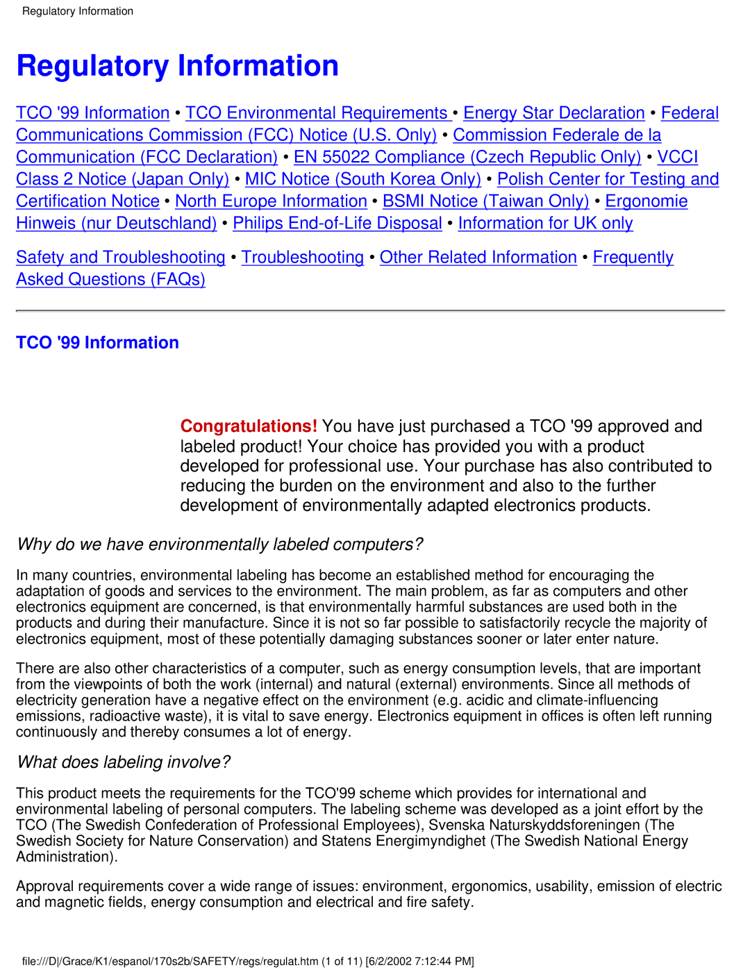 Philips 170S2B user manual Regulatory Information, TCO 99 Information 