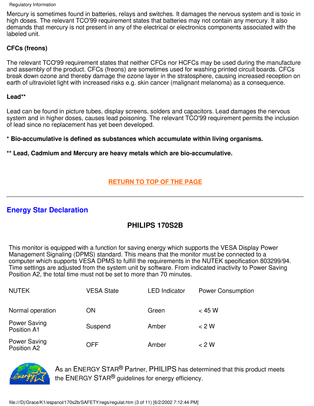 Philips 170S2B user manual Energy Star Declaration, CFCs freons 