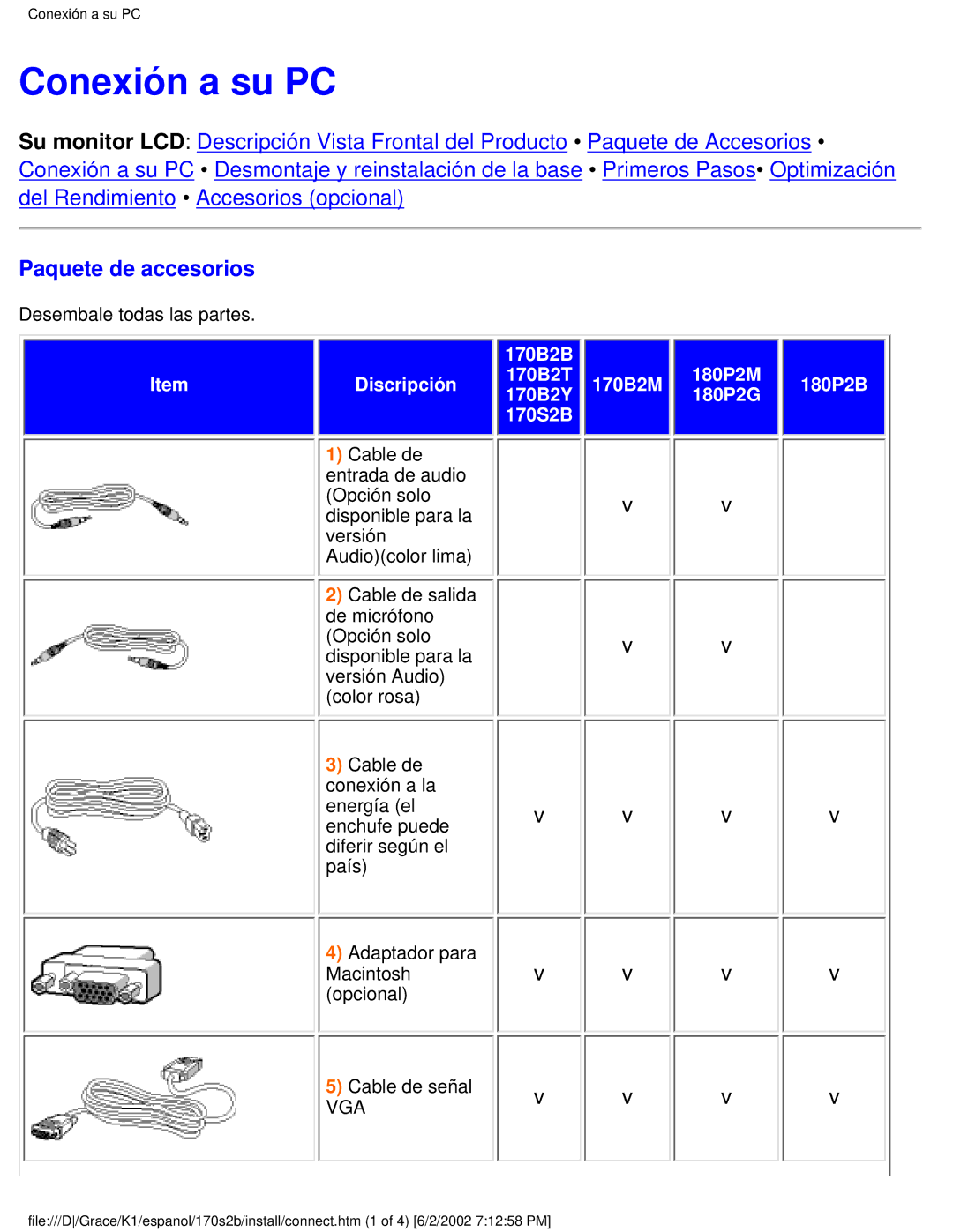 Philips 170S2B user manual Conexión a su PC, Paquete de accesorios 