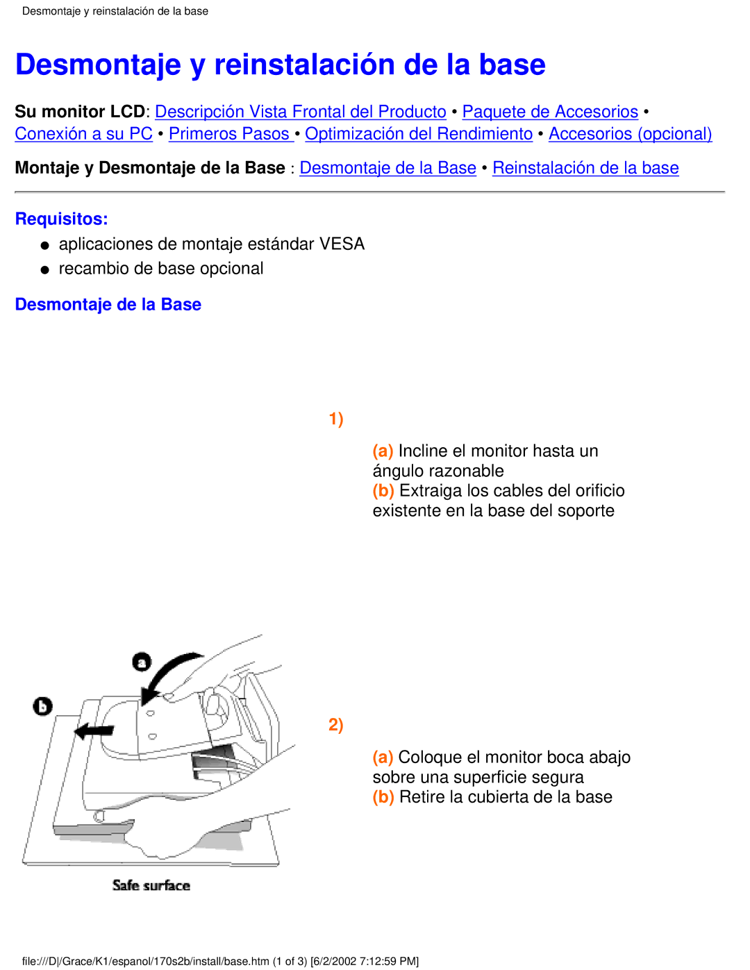 Philips 170S2B user manual Desmontaje y reinstalación de la base, Requisitos, Desmontaje de la Base 