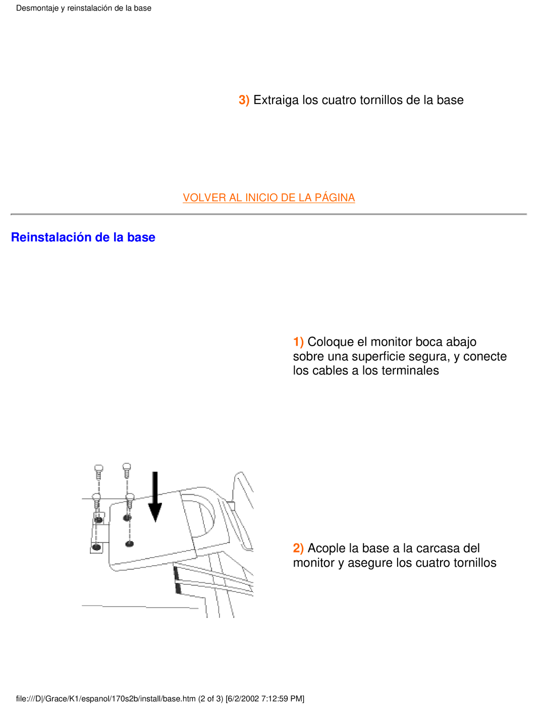 Philips 170S2B user manual Reinstalación de la base 