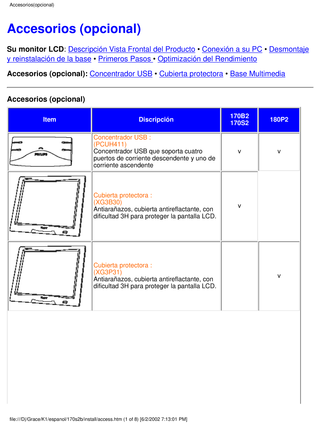 Philips 170S2B user manual Accesorios opcional 