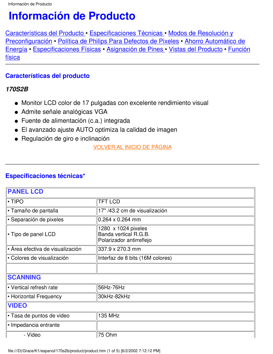 Philips 170S2B user manual Información de Producto, Características del producto, Especificaciones técnicas 