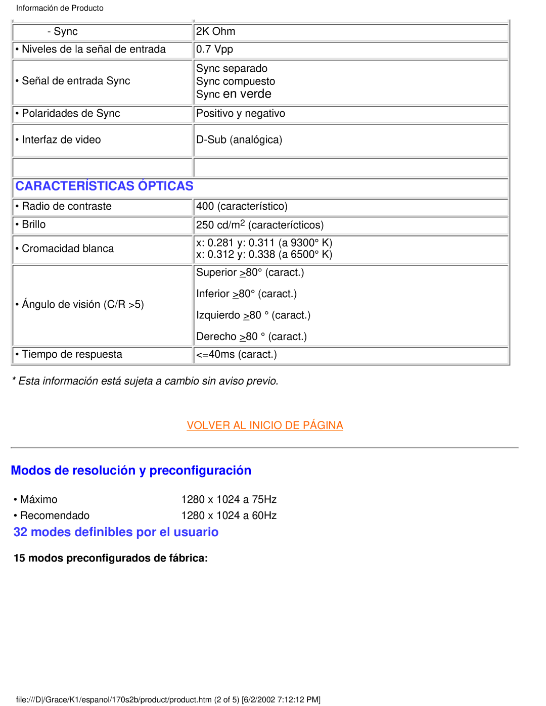 Philips 170S2B user manual Características Ópticas, Modos de resolución y preconfiguración 