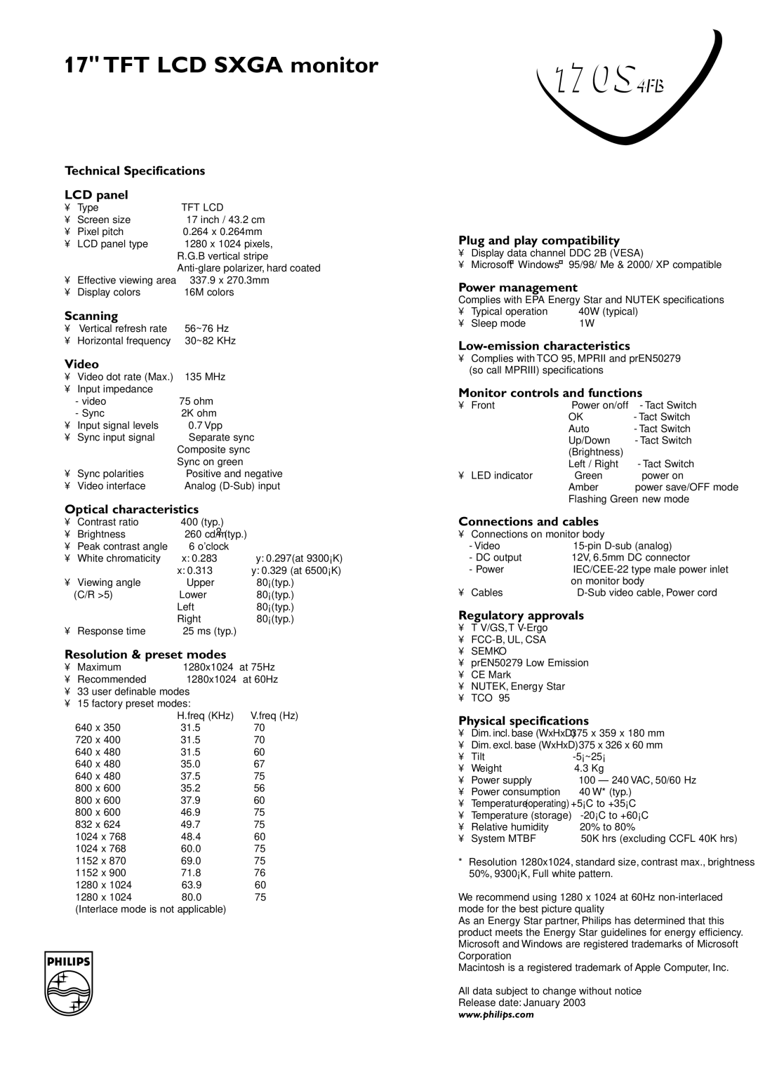 Philips 170S4FB Technical Specifications LCD panel, Scanning, Video, Optical characteristics, Resolution & preset modes 