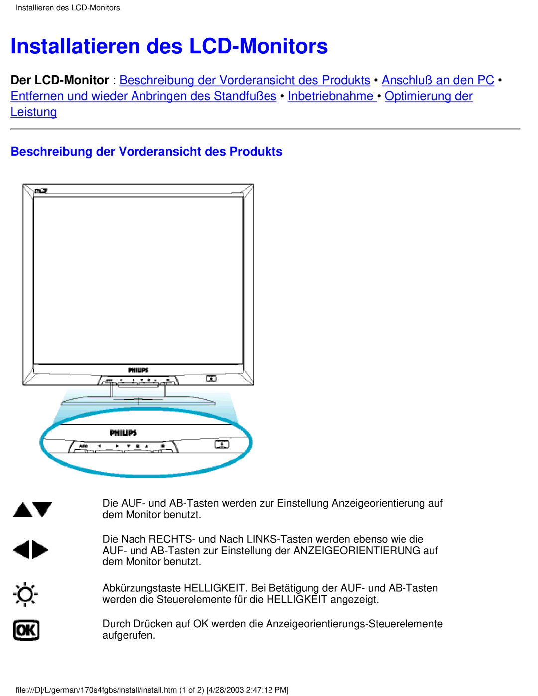 Philips 170S4FS, 170S4FB, 170S4FG user manual Installatieren des LCD-Monitors, Beschreibung der Vorderansicht des Produkts 