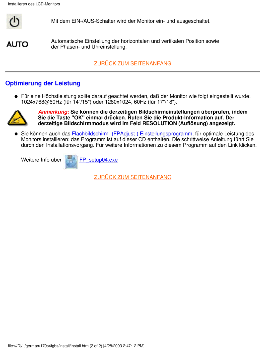 Philips 170S4FB, 170S4FS, 170S4FG user manual Optimierung der Leistung 