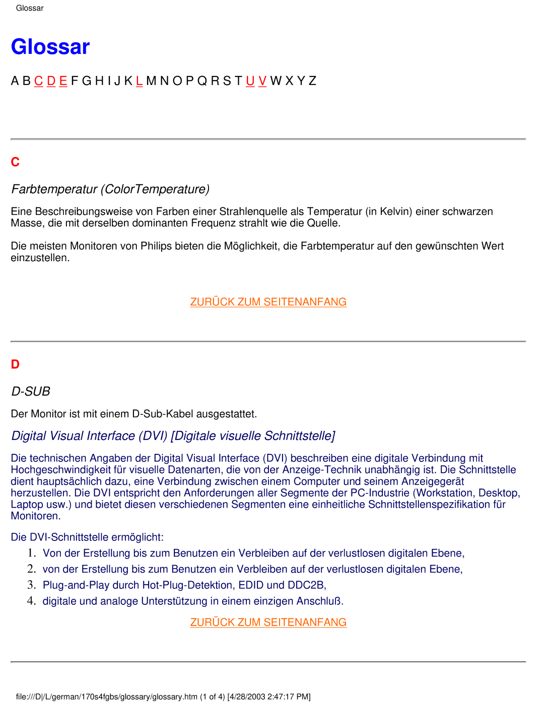 Philips 170S4FG, 170S4FS, 170S4FB user manual Glossar, Farbtemperatur ColorTemperature 