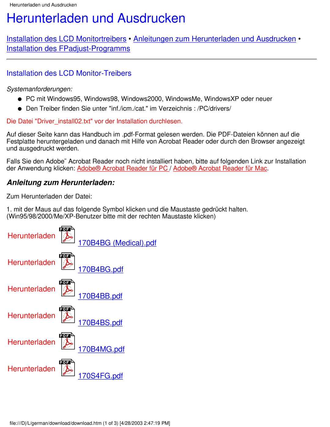 Philips 170S4FS, 170S4FB, 170S4FG user manual Herunterladen und Ausdrucken, Installation des LCD Monitor-Treibers 