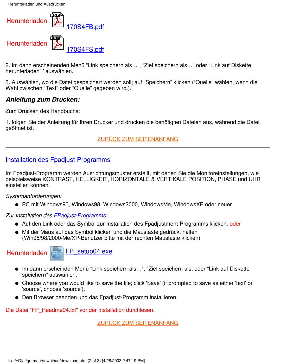 Philips 170S4FB, 170S4FS, 170S4FG user manual Anleitung zum Drucken, Installation des Fpadjust-Programms 