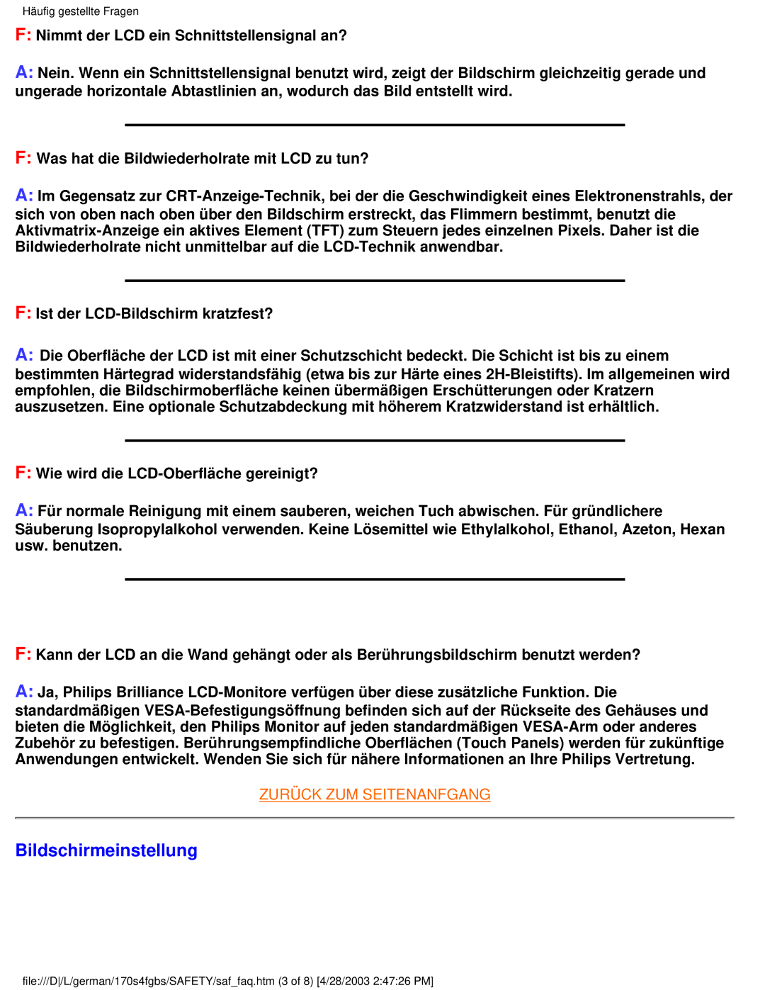 Philips 170S4FG, 170S4FS, 170S4FB user manual Bildschirmeinstellung 