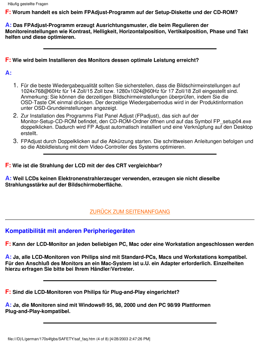 Philips 170S4FS, 170S4FB, 170S4FG user manual Kompatibilität mit anderen Peripheriegeräten 