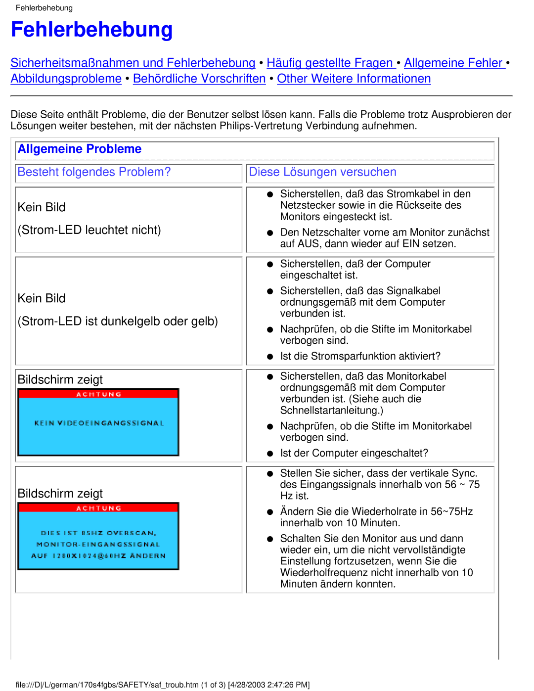 Philips 170S4FG, 170S4FS, 170S4FB user manual Fehlerbehebung, Allgemeine Probleme 