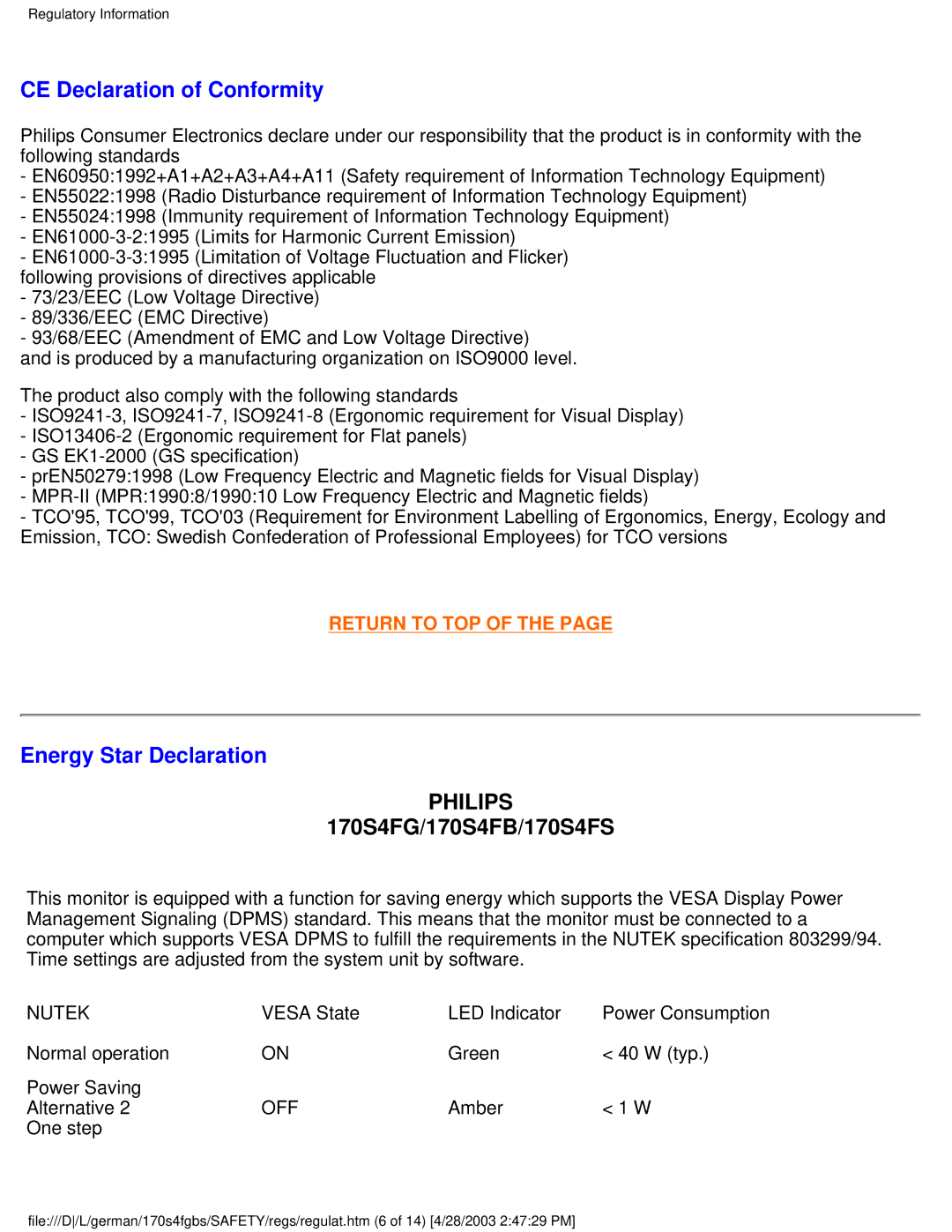 Philips 170S4FB, 170S4FS, 170S4FG user manual CE Declaration of Conformity, Energy Star Declaration 