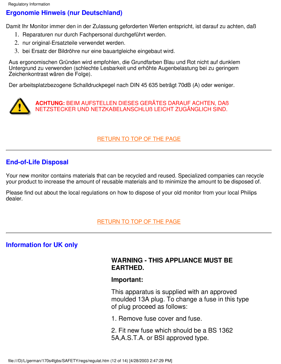 Philips 170S4FB, 170S4FS, 170S4FG Ergonomie Hinweis nur Deutschland, End-of-Life Disposal, Information for UK only 