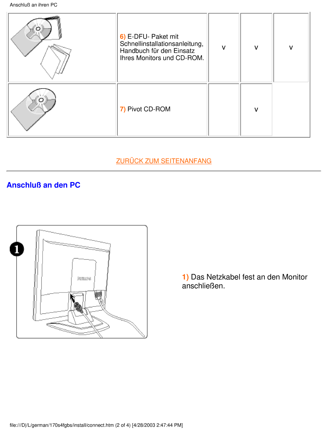 Philips 170S4FS, 170S4FB, 170S4FG user manual Anschluß an den PC, Das Netzkabel fest an den Monitor anschließen 