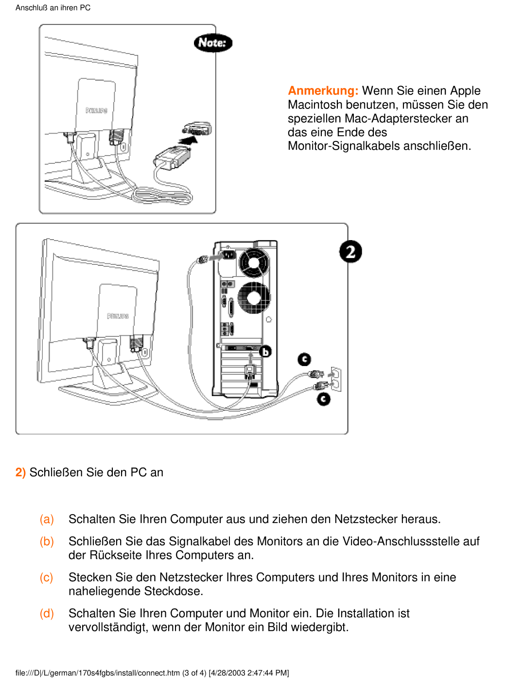 Philips 170S4FB, 170S4FS, 170S4FG user manual Anschluß an ihren PC 