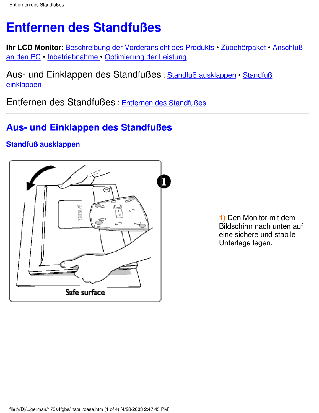 Philips 170S4FS, 170S4FB, 170S4FG user manual Entfernen des Standfußes, Standfuß ausklappen 