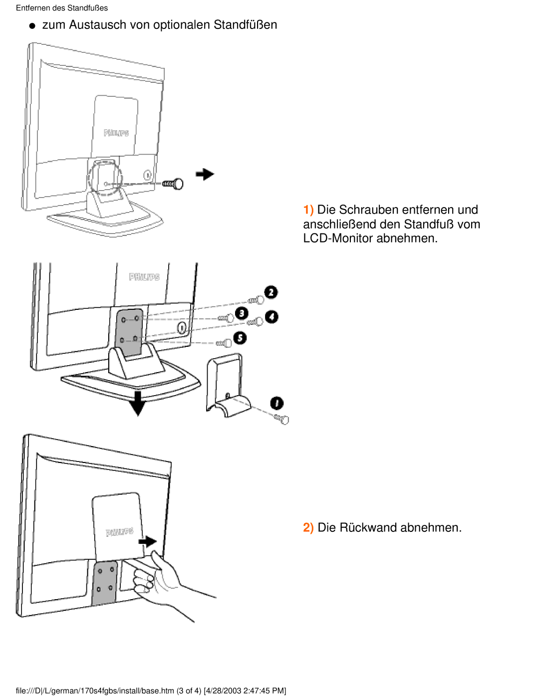 Philips 170S4FG, 170S4FS, 170S4FB user manual Entfernen des Standfußes 