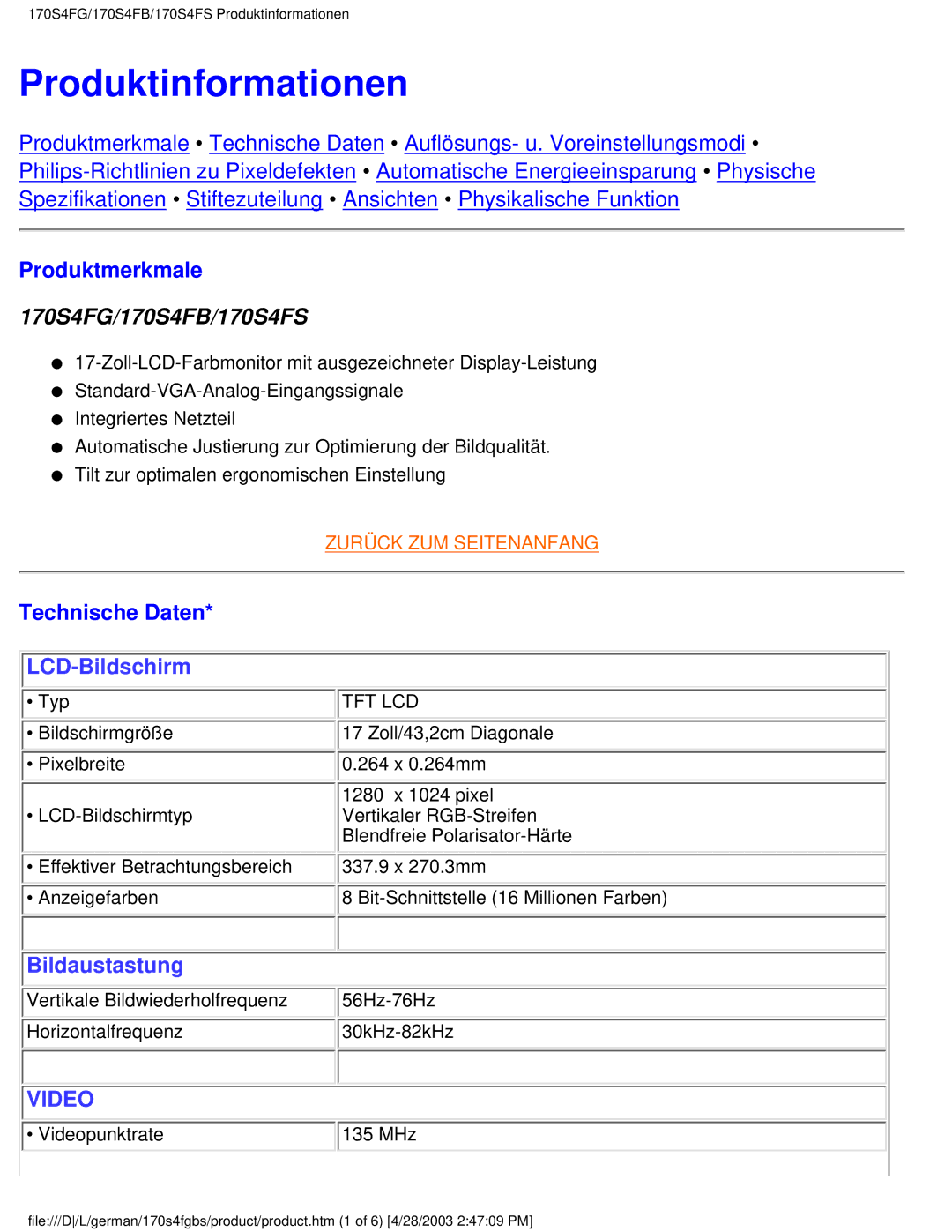 Philips 170S4FS, 170S4FB, 170S4FG user manual Produktinformationen, Produktmerkmale, Technische Daten 