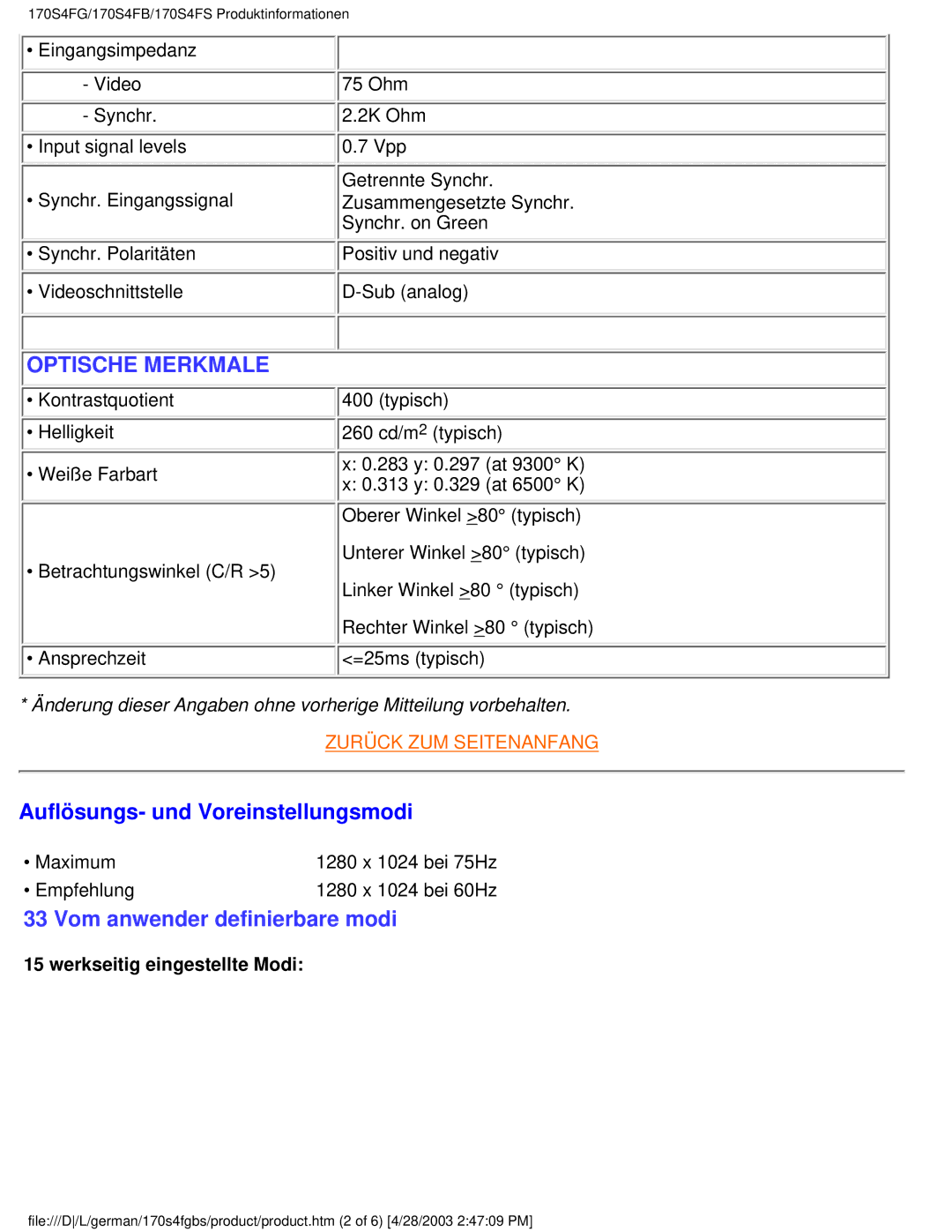 Philips 170S4FB, 170S4FS, 170S4FG user manual Optische Merkmale, Auflösungs- und Voreinstellungsmodi 