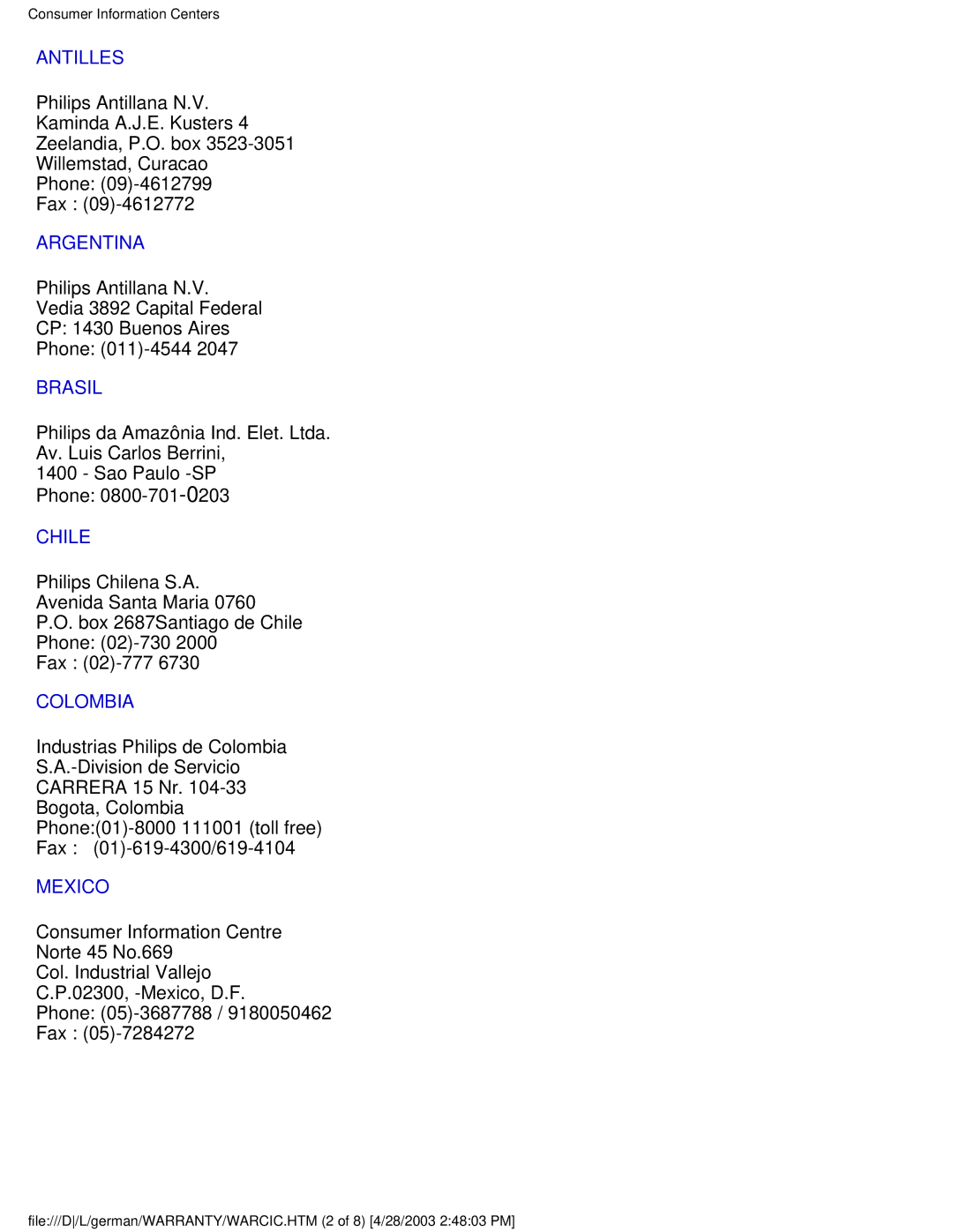 Philips 170S4FS, 170S4FB, 170S4FG user manual Antilles, Argentina, Brasil, Chile, Colombia, Mexico 