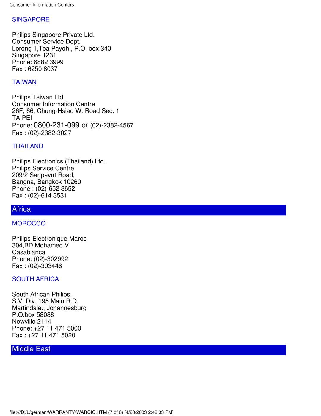 Philips 170S4FG, 170S4FS, 170S4FB user manual Singapore, Taiwan, Thailand, Morocco, South Africa 