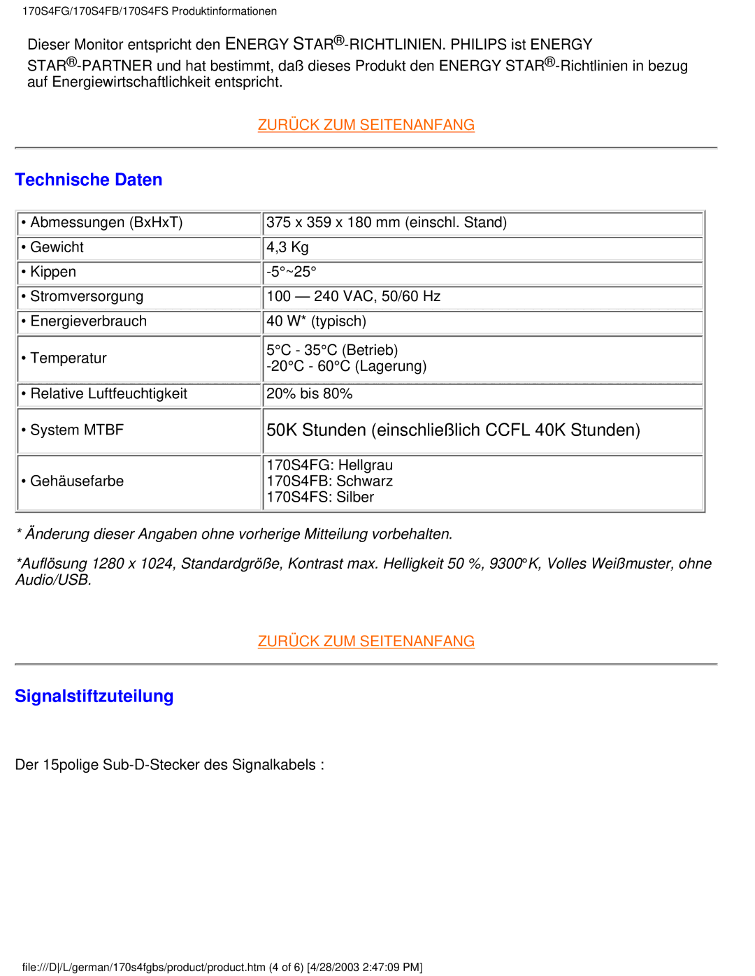 Philips 170S4FS, 170S4FB, 170S4FG user manual Signalstiftzuteilung, 50K Stunden einschließlich Ccfl 40K Stunden 