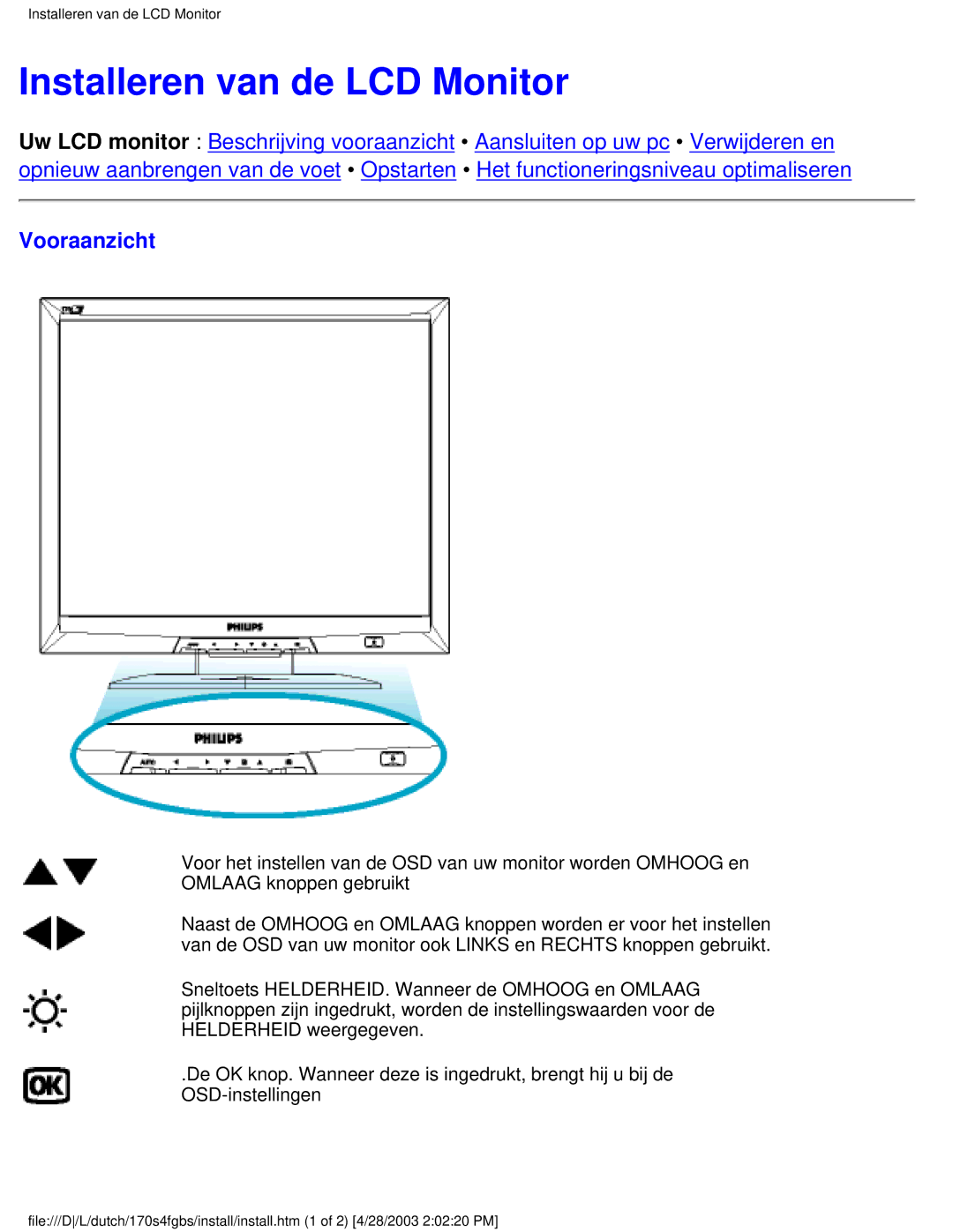 Philips 170S4FS, 170S4FB, 170S4FG user manual Installeren van de LCD Monitor, Vooraanzicht 