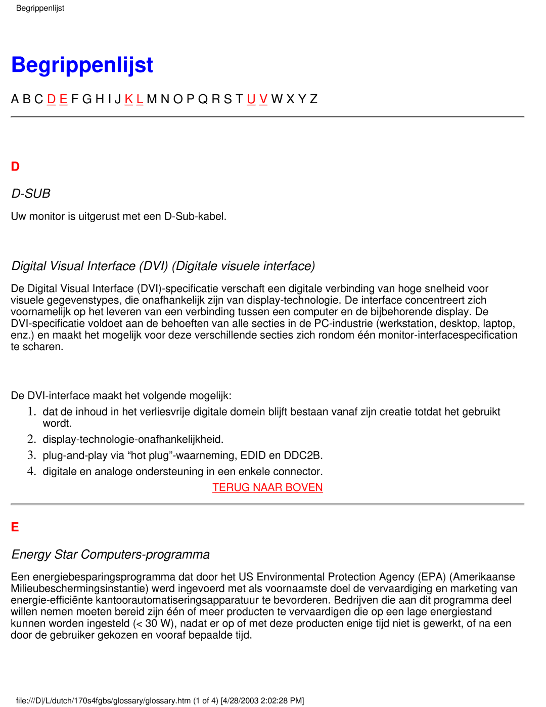 Philips 170S4FS, 170S4FB, 170S4FG user manual Begrippenlijst, Sub 