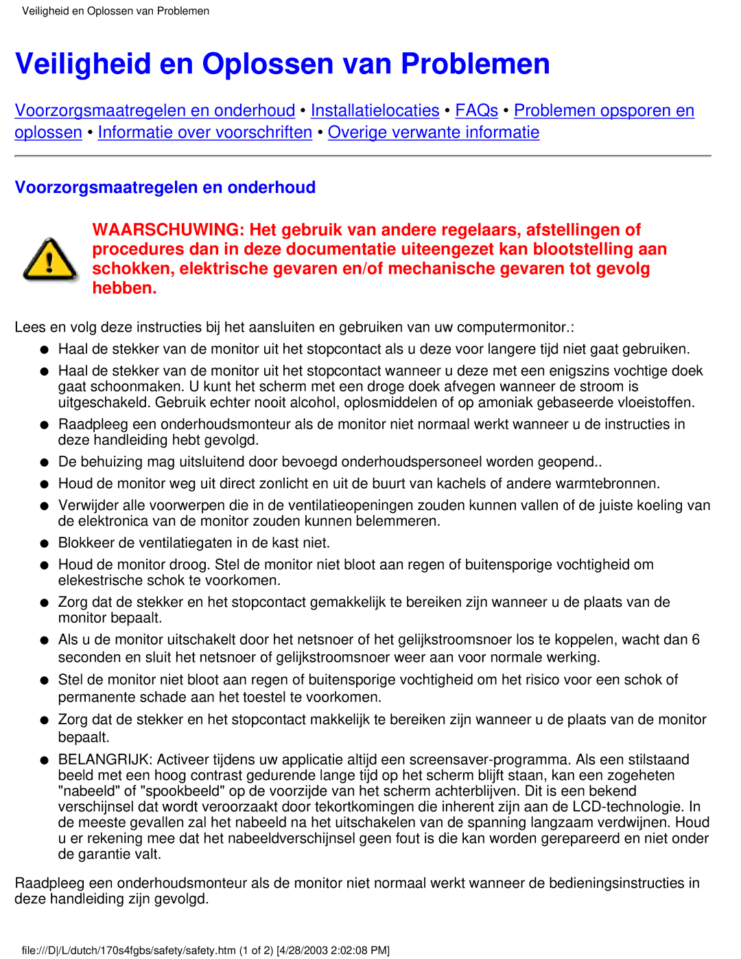 Philips 170S4FG, 170S4FS, 170S4FB user manual Veiligheid en Oplossen van Problemen, Voorzorgsmaatregelen en onderhoud 