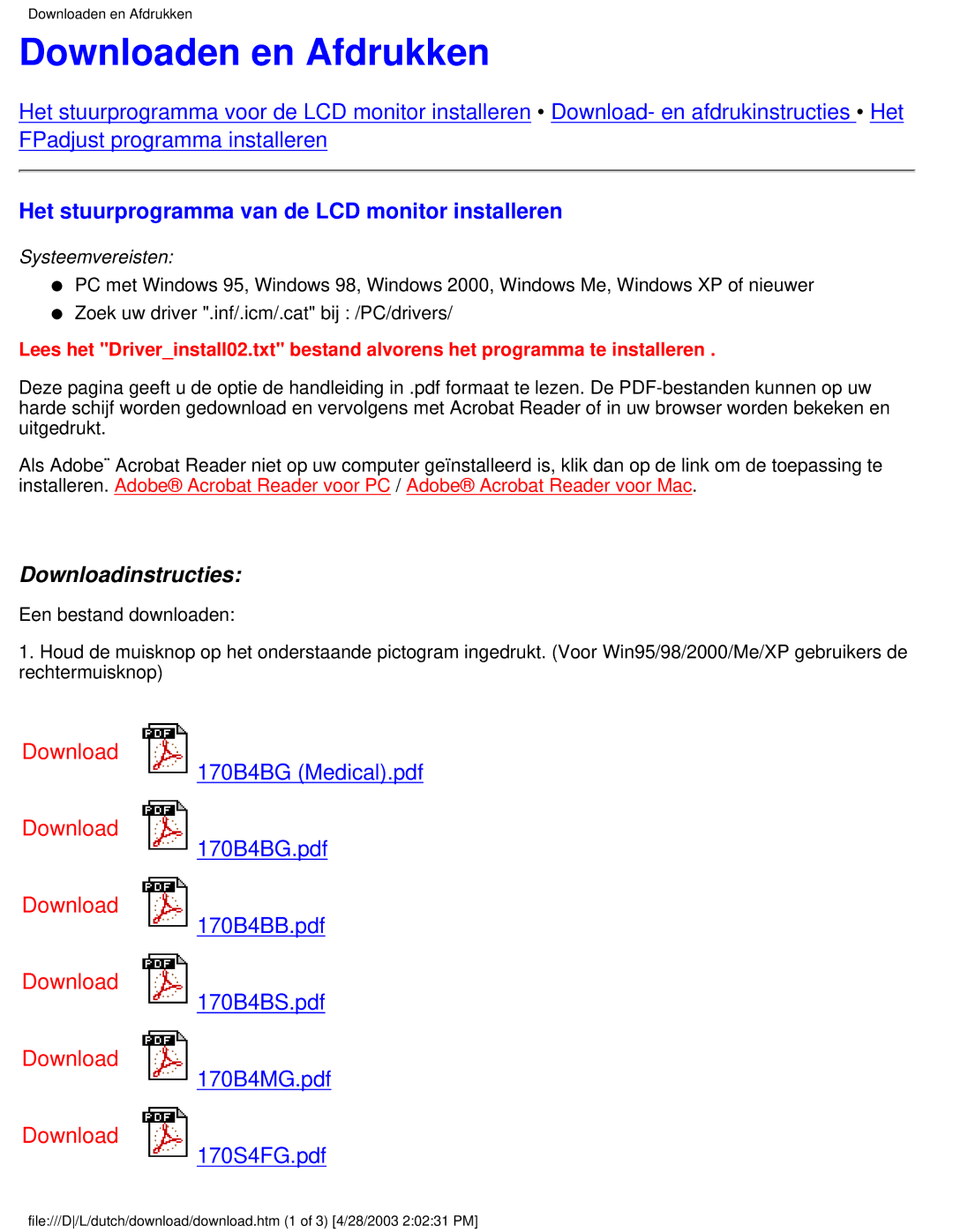 Philips 170S4FB, 170S4FS, 170S4FG user manual Downloaden en Afdrukken, Het stuurprogramma van de LCD monitor installeren 