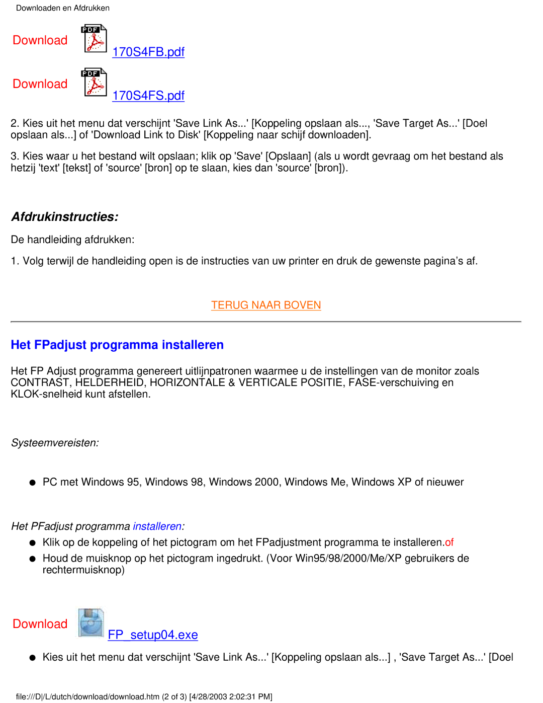 Philips 170S4FG, 170S4FS, 170S4FB user manual Afdrukinstructies, Het FPadjust programma installeren 