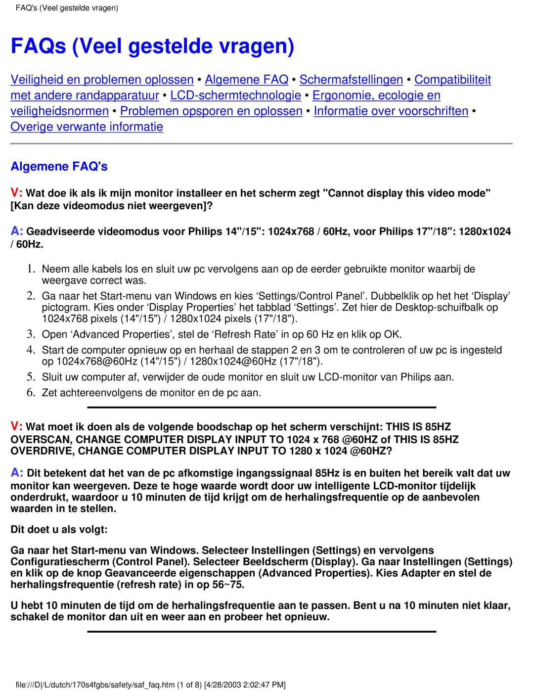 Philips 170S4FB, 170S4FS, 170S4FG user manual FAQs Veel gestelde vragen, Algemene FAQs 