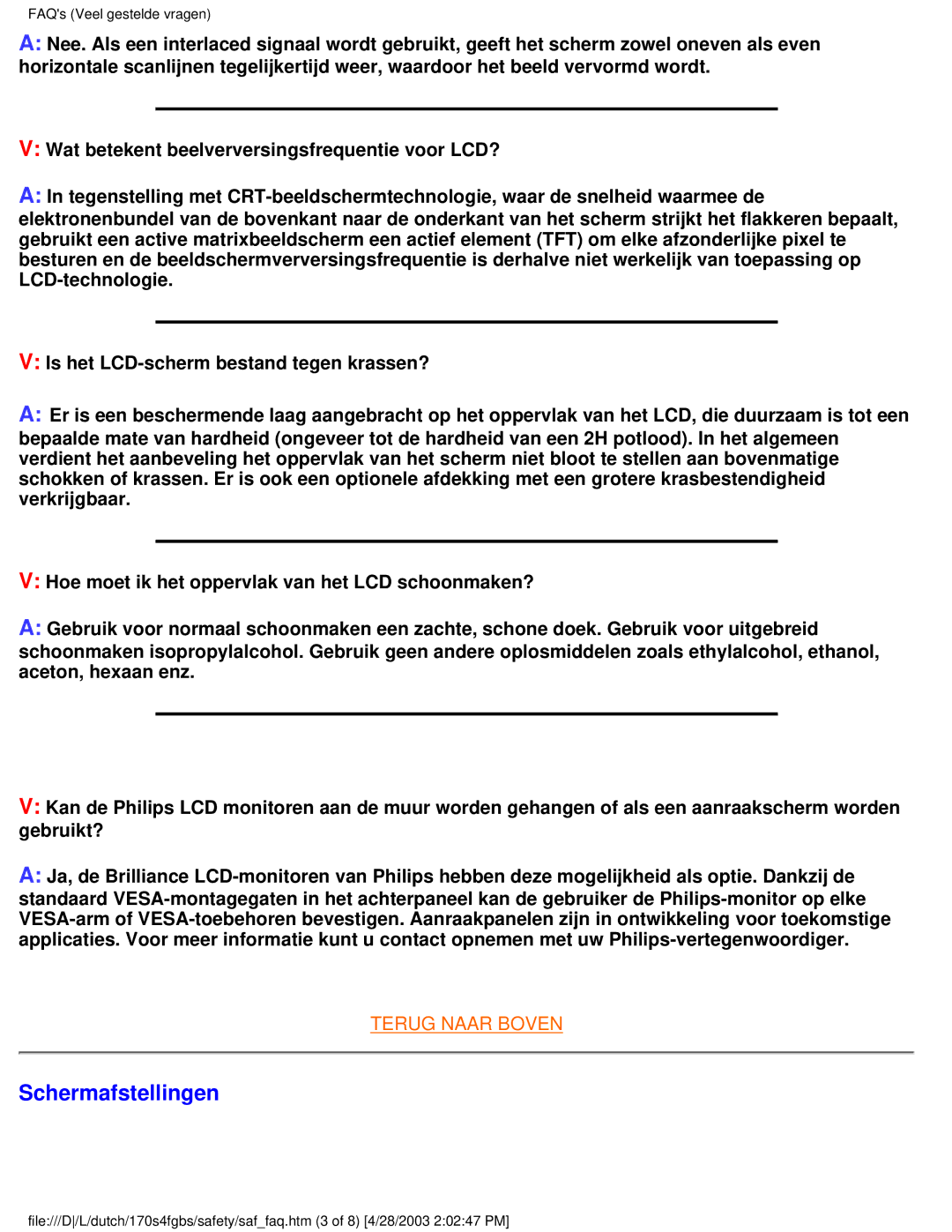 Philips 170S4FS, 170S4FB, 170S4FG user manual Schermafstellingen 