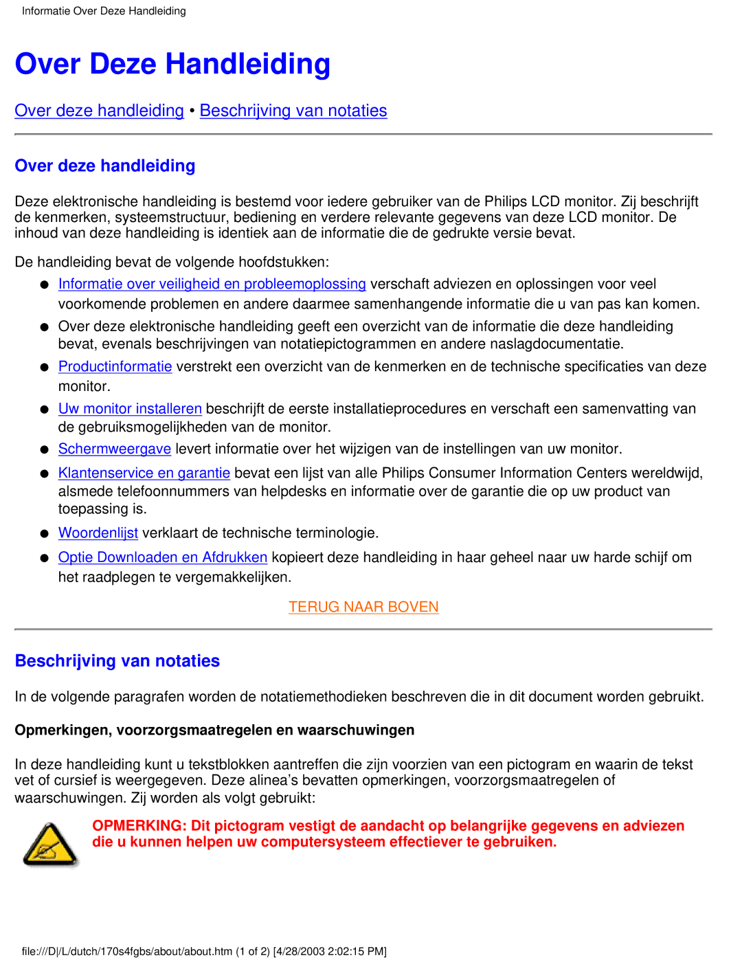 Philips 170S4FB, 170S4FS, 170S4FG user manual Over Deze Handleiding, Over deze handleiding, Beschrijving van notaties 