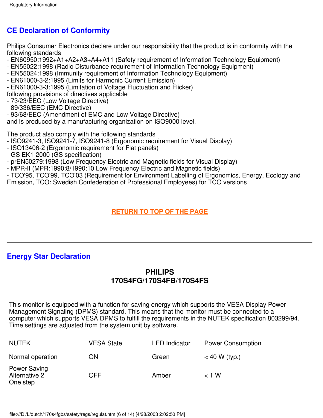 Philips 170S4FG, 170S4FS, 170S4FB user manual CE Declaration of Conformity, Energy Star Declaration 