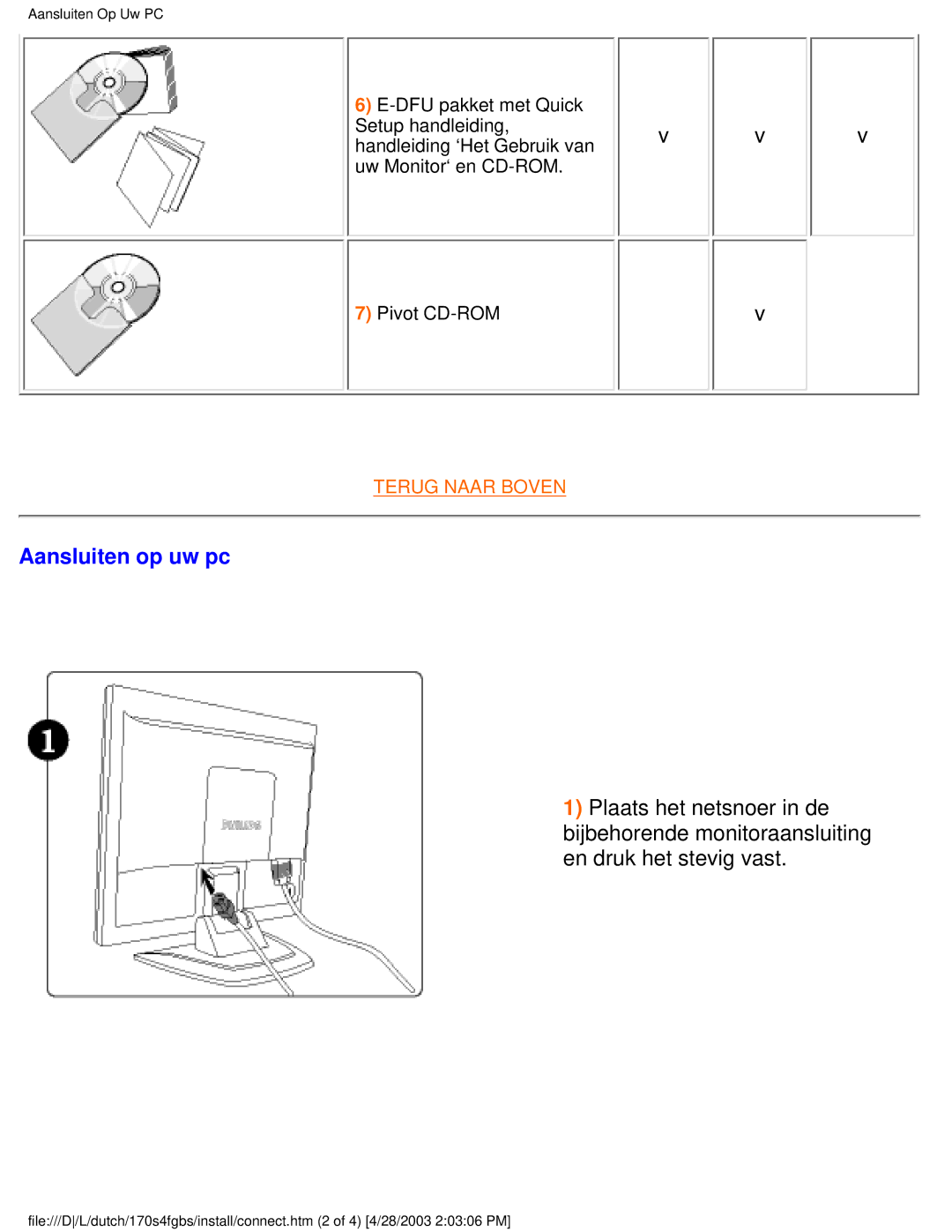 Philips 170S4FB, 170S4FS, 170S4FG user manual Aansluiten op uw pc 