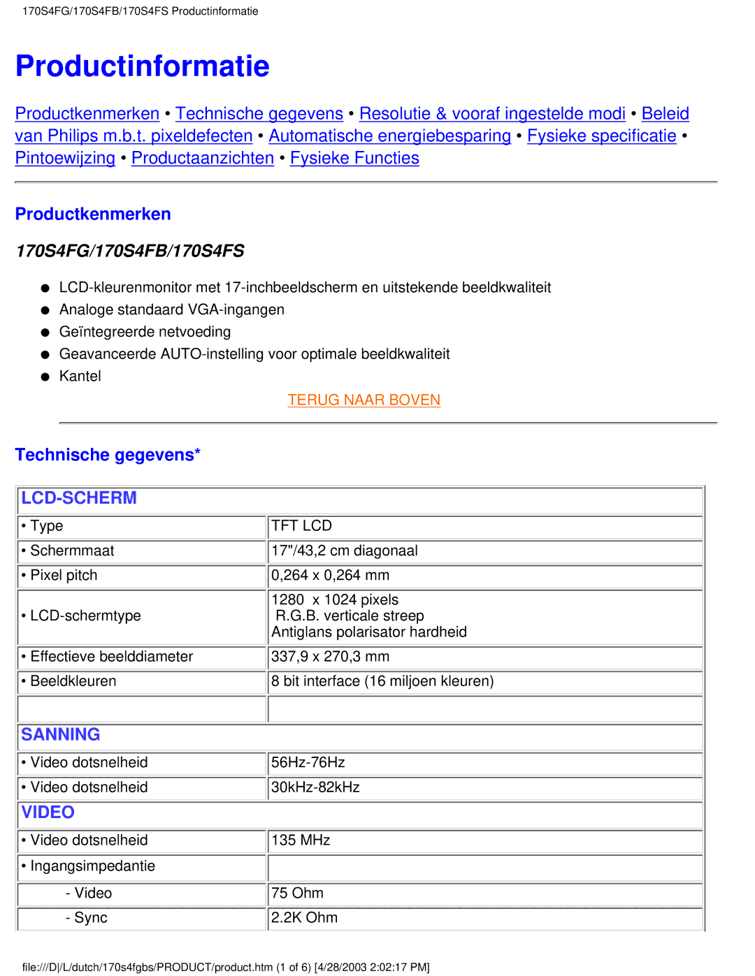 Philips 170S4FS, 170S4FB, 170S4FG user manual Productinformatie, Productkenmerken, Technische gegevens 