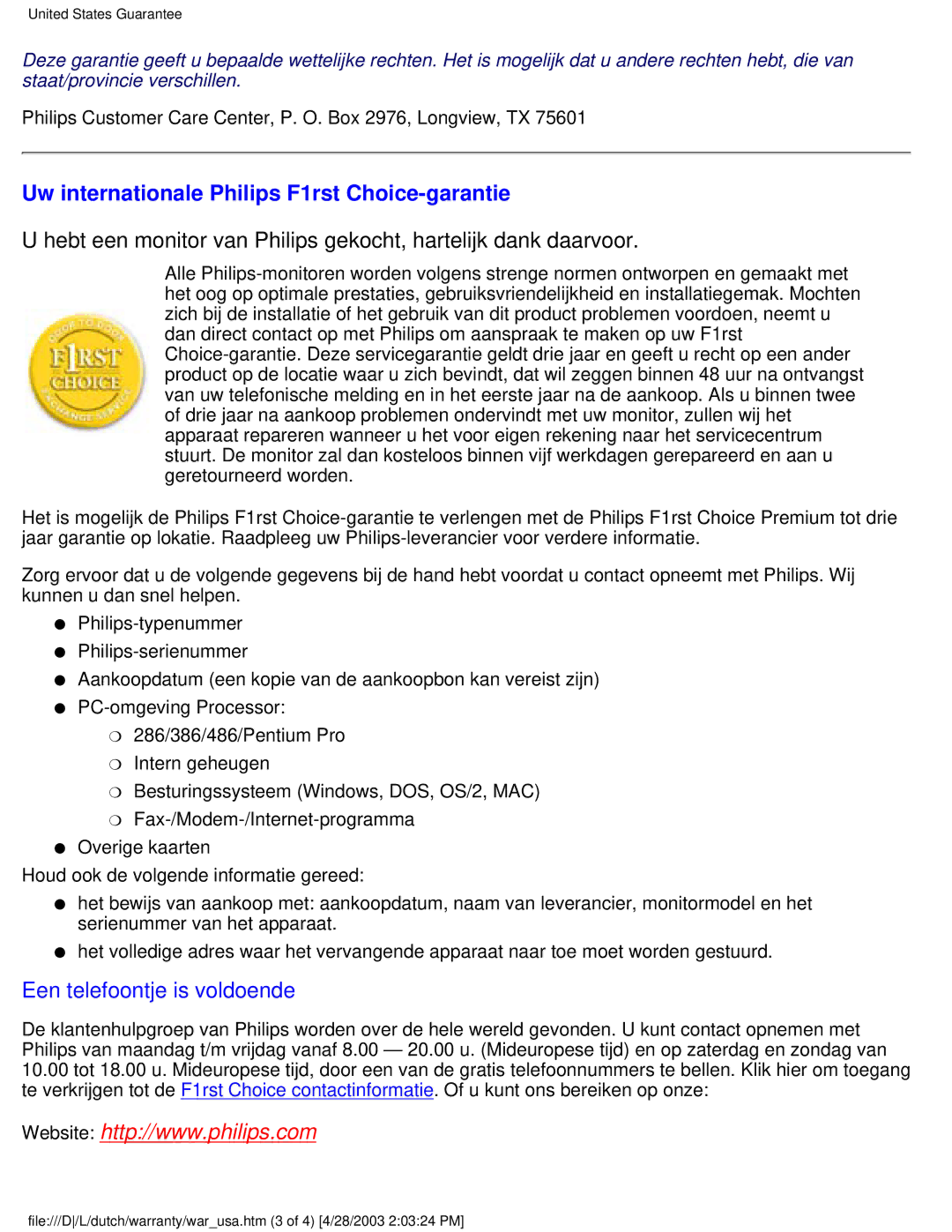 Philips 170S4FS, 170S4FB, 170S4FG user manual Uw internationale Philips F1rst Choice-garantie 